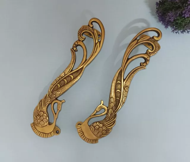 Brass Peafowl Door Handles Pair Beautiful Peacock Cottage Entry Pull Décor HK587