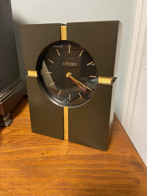 Citizen Mid Century Modern Mantle Desk Clock Dark Wood & Brass- Black Face 8”x6”