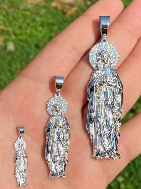 Solid 925 Sterling Silver Virgin Mary Pendant Iced Necklace Virgin Guadalupe CZ