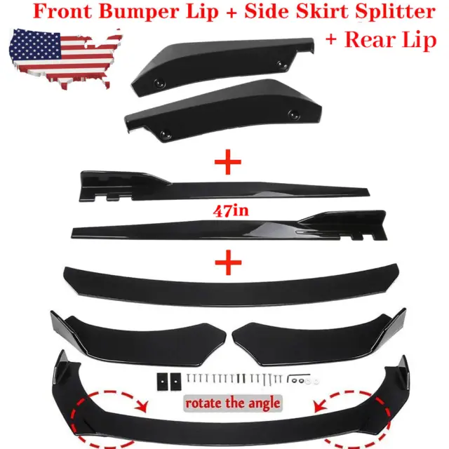 For Dodge Dart 2013-16 Front Bumper Lip Spoiler+Side Skirt+Rear Lip Glossy Black