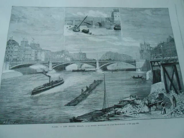 Gravure 1876 - Paris Les ponts Sully à la pointe de l'Ile Saint Louis