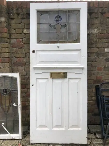 Reclaimed 1920's/1930's Leaded Stained Glassed Front Door Plus Window & 2 Insert