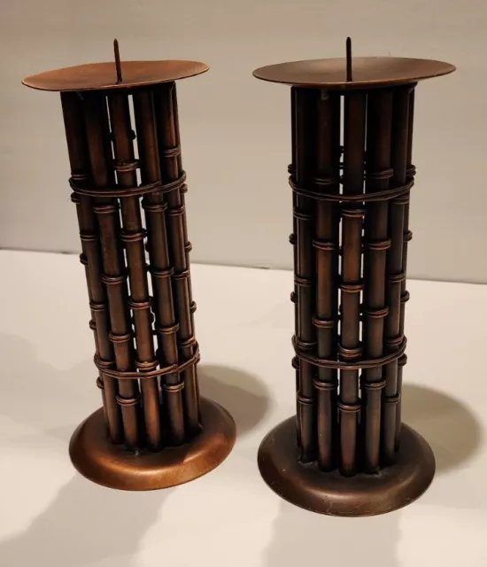 Vtg Pair Of Pillar Candle Holders Bronze Tone Metal Bamboo