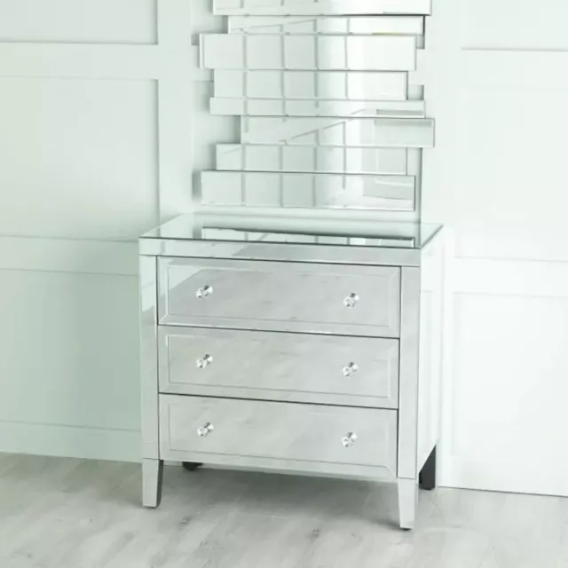 Mirrored 3 Drawer Chest Crystal Handles - 80cm Wide for Bedroom