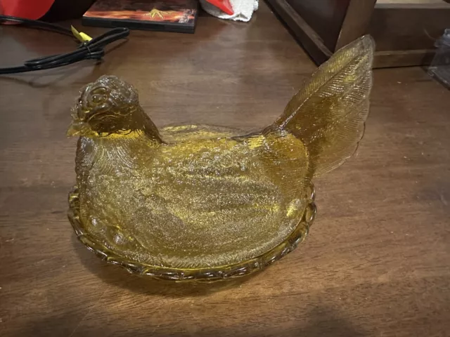 Vintage LE Smith Amber Gold Art Glass HEN ON A NEST Covered Dish Chicken Country