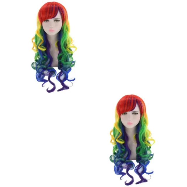 2 PC Synthetic Wigs Women Halloween Colorful Cosplay Party Gradient Hair Miss