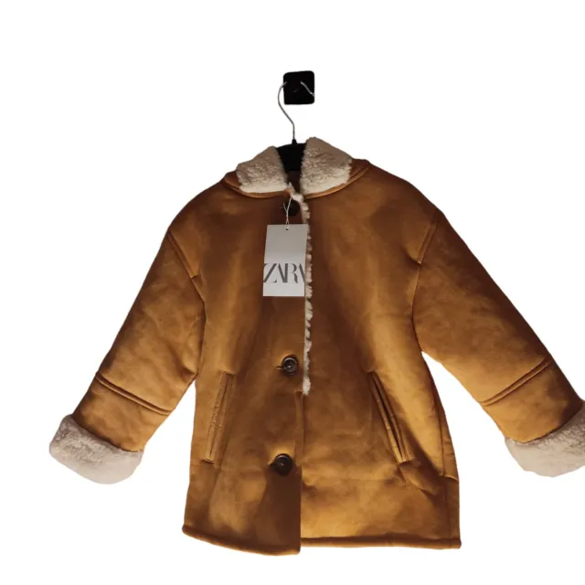 zara girls coat brown & cream faux fur trim button up pockets hooded age 5-6 yrs