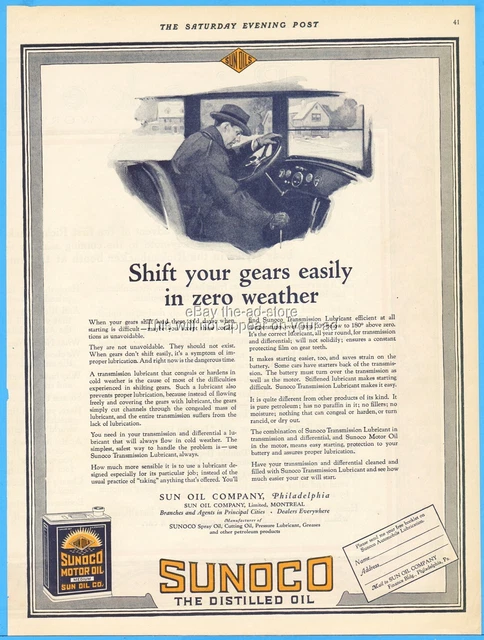 1923 Sunoco Motor Oil Can Sun Co Philadelphia PA Shift Gears Zero Weather Ad