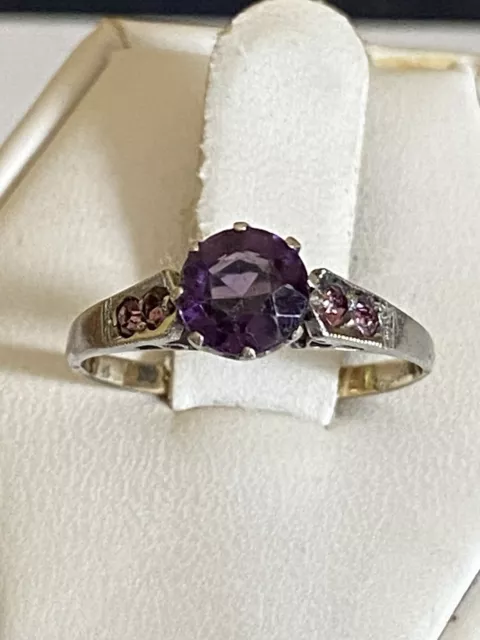 Vintage 9 Carat Gold And Silver Amethyst Set Two Tone Ring Size M