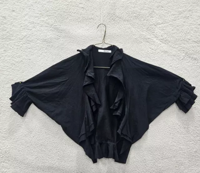 Fluxus Top Women Small Black Cotton Open Ruffle 3/4 Sleeve Cropped Cardigan