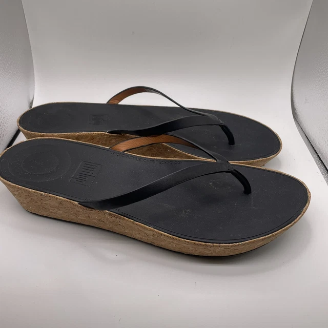 FitFlop Linny Black Leather Toe Thong Cork Wedge Heel Sandal 11