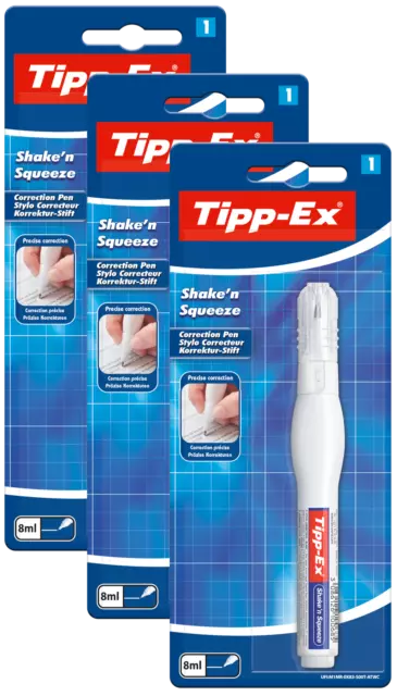 Tipp-Ex Korrekturstift Shake'n Squeeze, 8 ml, Weiß, 3 x 1er Pack (3 Stück)