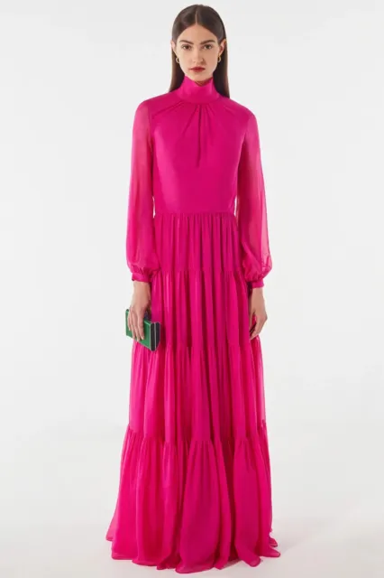 New AUTH Carolina Herrera Silk Chiffon Maxi Dress, Runway, Fushia, Size M