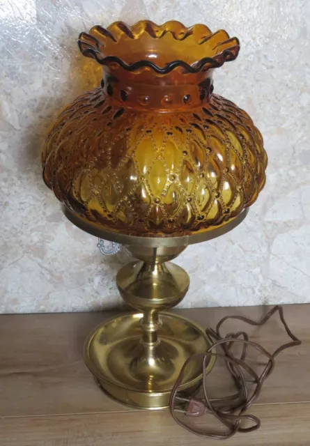 VTG Fenton Amber Quilted Shade Hurricane Brass Electric Table Lamp MCM 16"