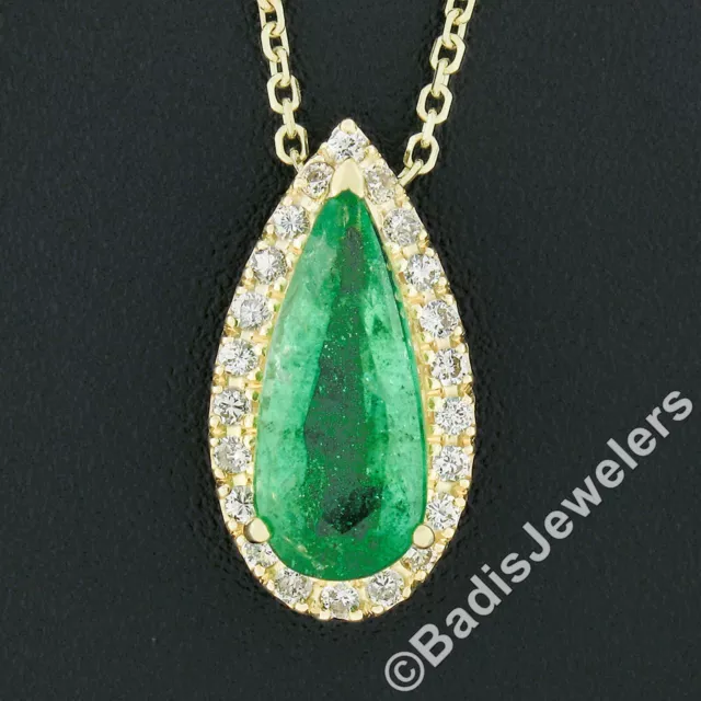 18K Or 2.15ct Allongé Poire Émeraude W/Diamant Halo Larme Pendentif Collier