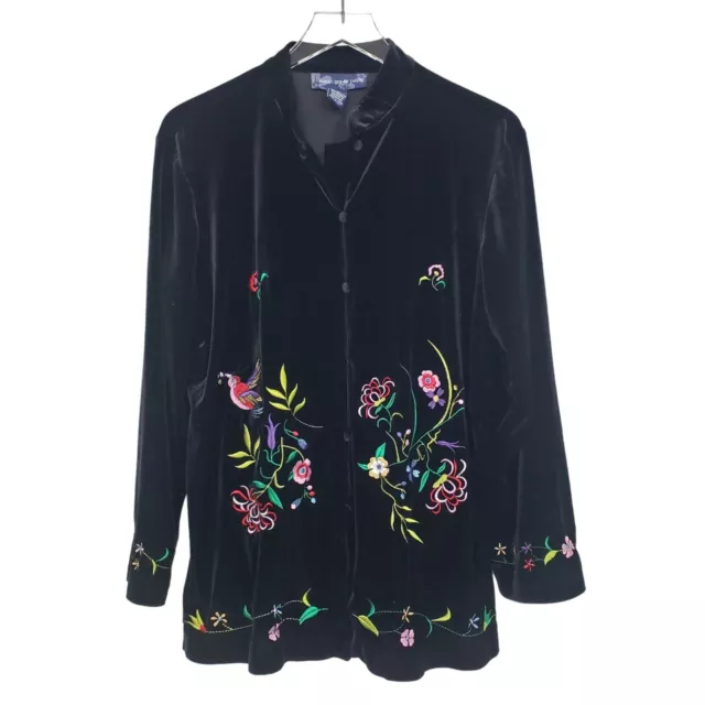 Susan Graver Embroidered Velour Jacket Floral Bird Stretch Womens Size Medium