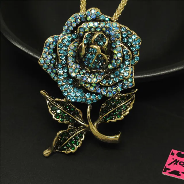 Betsey Johnson Blue Bling Lovely Rose Flower Crystal Pendant Necklace