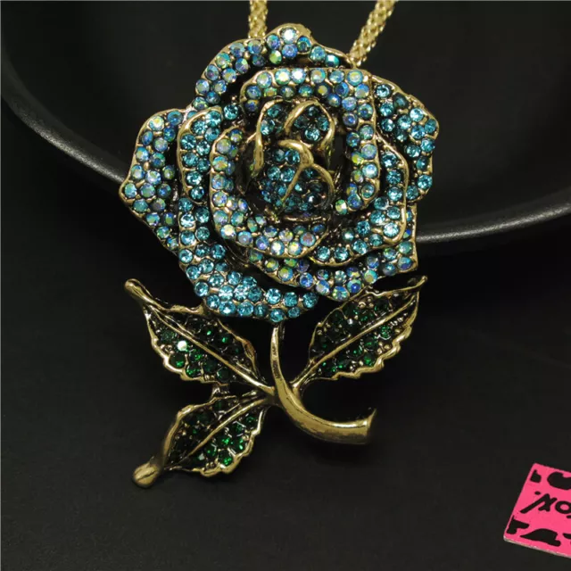 Fashion Women Blue Bling Lovely Rose Flower Crystal Pendant Necklace