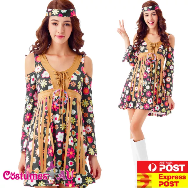 Ladies 1960s Retro Groovy Costume Hippie Hippy Lady 60s 70s Disco Fancy Dress