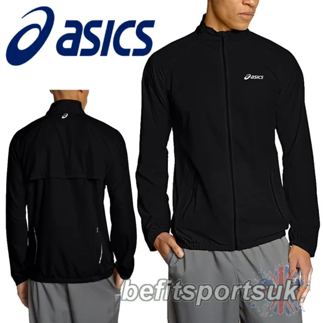 Asics Black Running Jacket Mens Woven Full Zip Wind Pockets Coat Top S M L