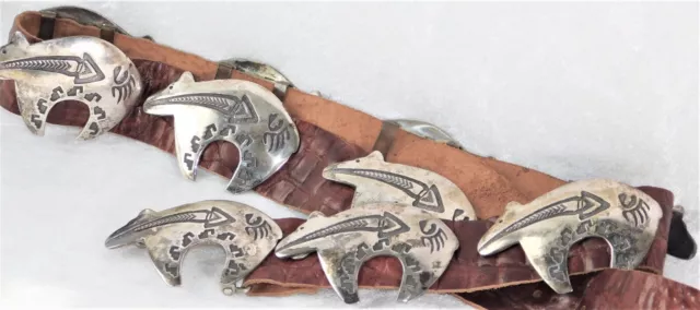 Vinatge Navajo BK Bear Arrow Sterling Silver 11 Conchos & Belt Buckle Set 500 gs Vinatge Navajo BK Bear Arrow Sterling Silver 11 Conchos & Belt Buckle Set 500 gs