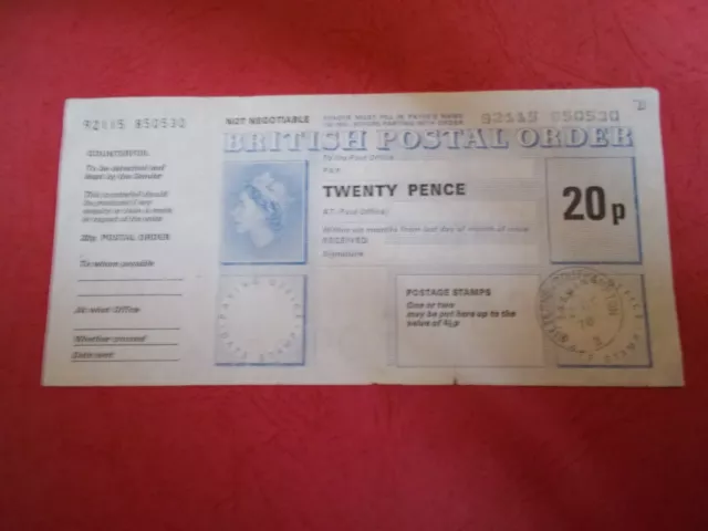 British postal order with cf- QEII,  20p, 12th October 1978, Bitterne,S'hampton