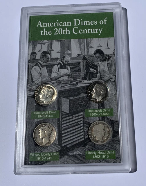American Dimes of the 20th Century Collection with 4 Dimes-3 Silver in case
