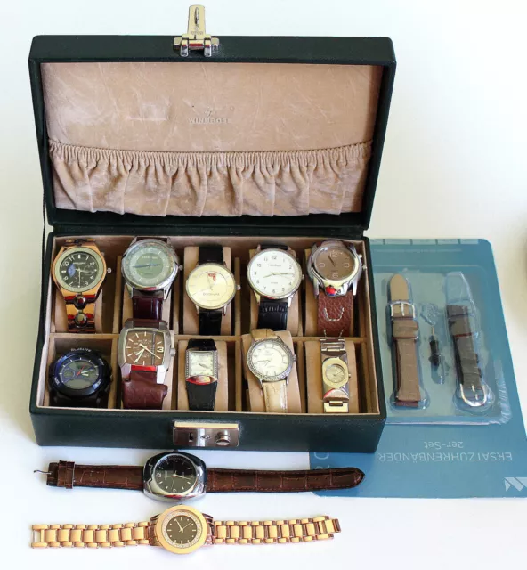 Quartz Uhren Konvolut ** 12 Stück + Armband + Uhrenschatulle ** Bastler