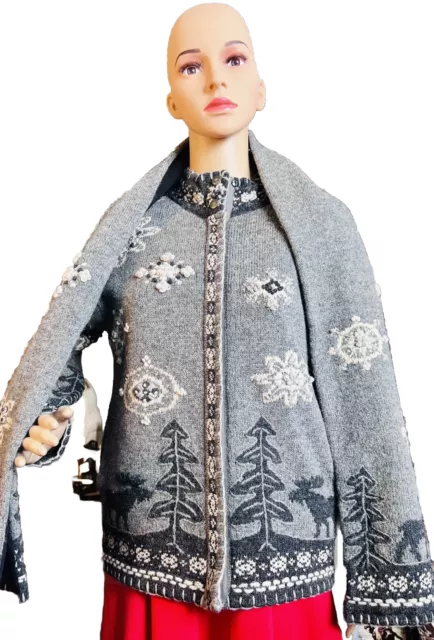 VTG Icelandic Wool Blend Cardigan Sweater W Matching Scarf Christmas Motif Small 2