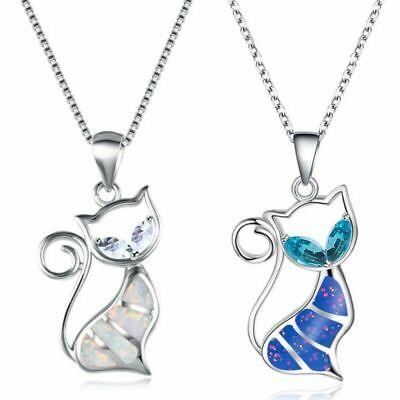 Fashion Crystal Cat Pendant 925 Silver Necklace Women White/Blue Opal Jewelry