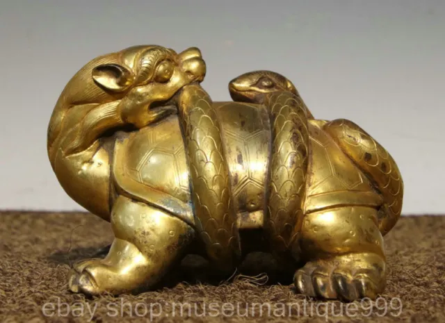 4.4" Old Chinese Bronze 24K Gold Gilt Dynasty Xuan Wu Divine beast Statue