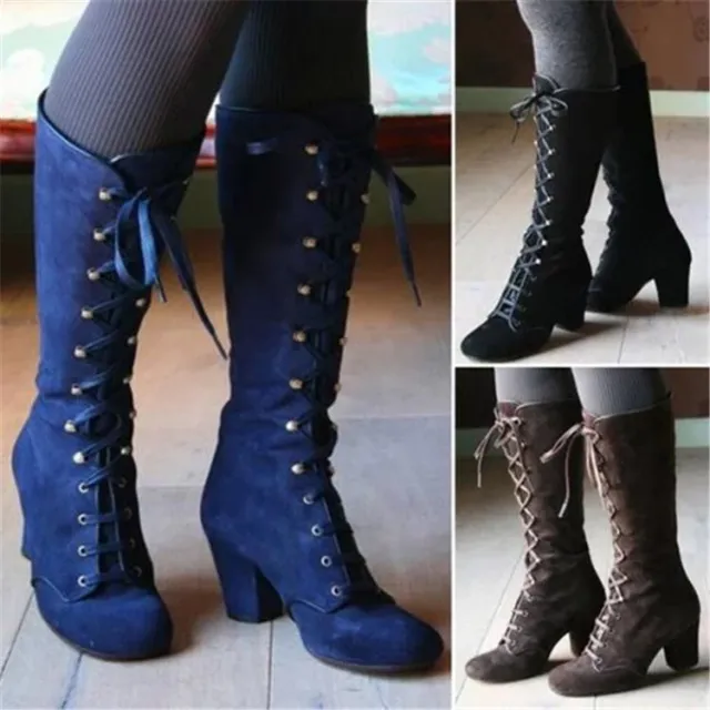 Women's Retro Steampunk Lace Up Booties Mid-Calf Boots Gothic Block Heels Shoes