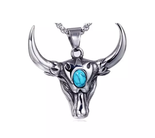 large BULL HEAD HORN ANIMAL pendant 24" 925 Sterling Silver plated Necklace men