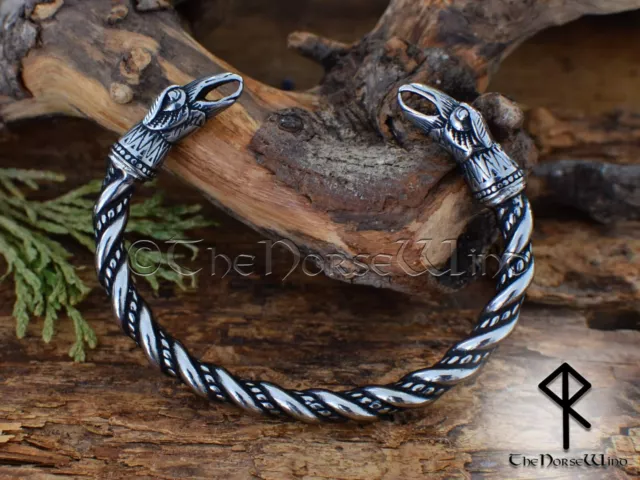 Viking Bracelet Odin's Raven Head Silver Torc, Steel Arm Ring, Norse Jewelry