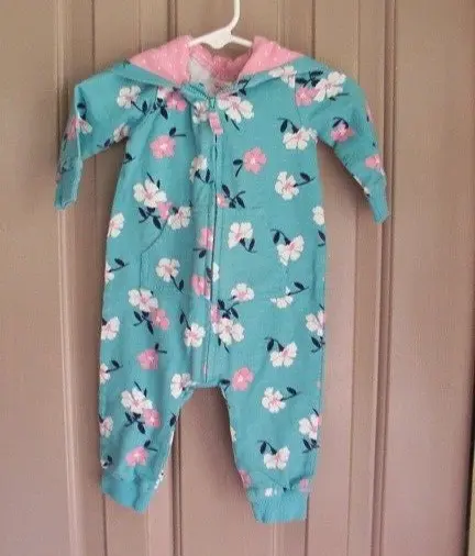 Carters Baby Girl Floral Coverall Romper w/ Polka Dot Lined Hood Size 6 Months