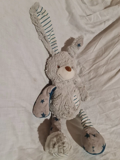 Doudou peluche lapin gris rayé bleu etoiles coeur TAPE A L'OEIL TAO tbé