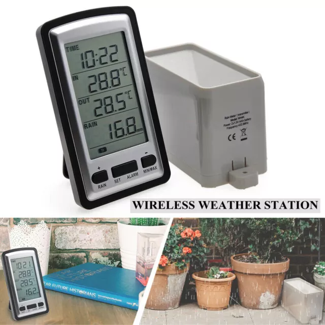 AU Wireless Weather Station Thermometer LCD Digital Alarm Clock Rain Gauge Meter