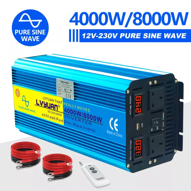 4000W 8000W Pure Sine Wave Inverter Power DC 12V AC 230V LED Remoter Caravan