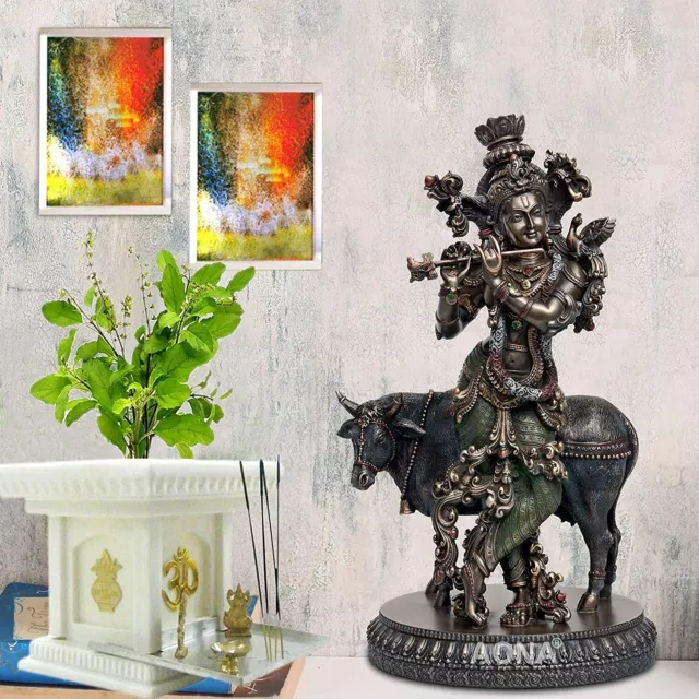 Lord Krishna Idol Playing Flute On The Back Kamdhenu Cow Sculptures & Figurines