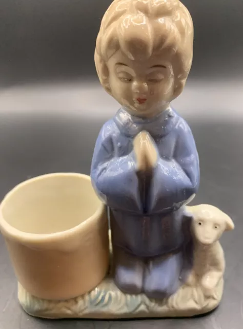 Kneeling Boy Praying W Lamb Porcelain Ceramic Figurine Votive Candle VTGNumbered