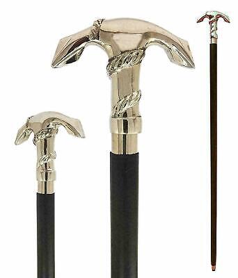 Ship Anchor Walking Stick Silver Colour Handle Foldable Wooden Solid Brass Cane