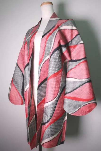 8759A1 Silk Vintage Japanese Kimono Haori Jacket Tatewaku Meisen