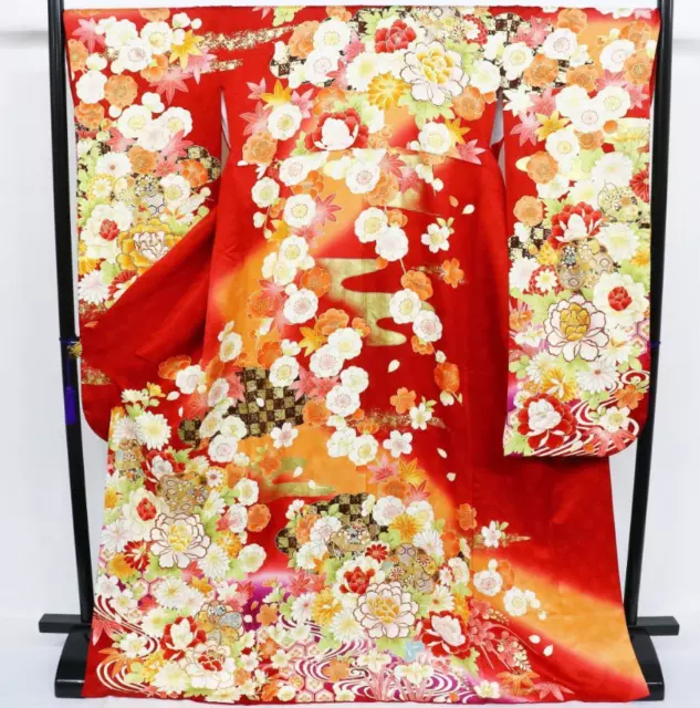 Furisode Kimono Pure Silk Traditional Japanese Pattern Red Colorful Japan