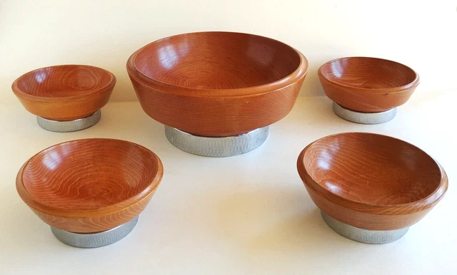 Hellerware WOODEN SALAD BOWL SET– Large Serving/4 Small CHROME PEDESTAL Vtg EUC