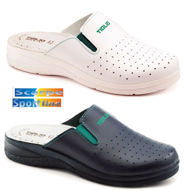TIGLIO Sabot Donna In Vera Pelle Bianca - Pantofole Sanitarie Made In Italy Con Zeppa E Fibbia (Taglia 40)
