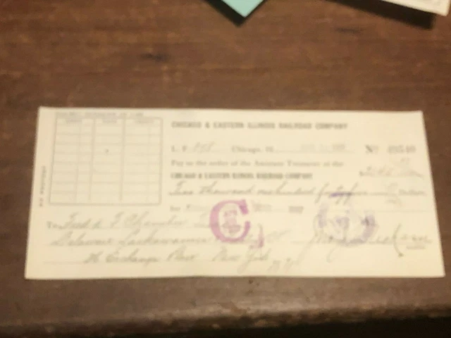 1907 Chicago IL Railroad Bank Check Chicago & Eastern Illinois Railroad C&EI