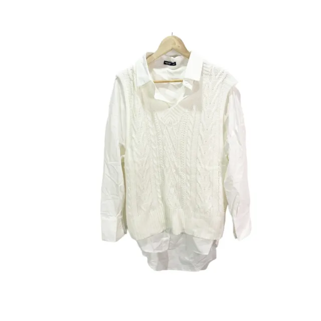 Shein X Wejdene M Office Sweater Dress Ivory Blouse Shift Knit Short Long Sleeve