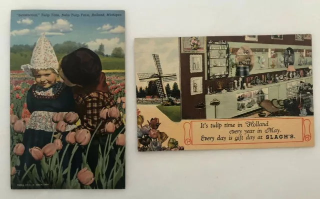 c 1940 HOLLAND Michigan TULIP TIME Nelis Farm SLAGH's Shop VINTAGE Postcard