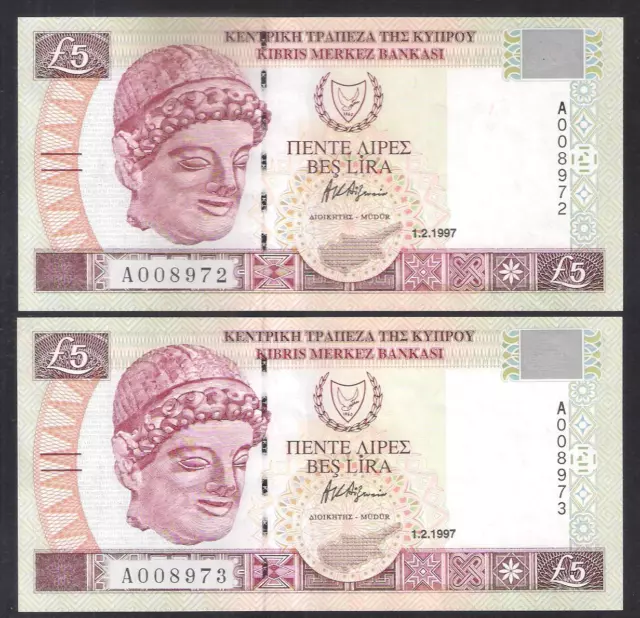 CYPRUS 1997 FIVE POUNDS TWO (2) BANKNOTE CRISP UNC with CONSECUTIVE NUMBERS !!!