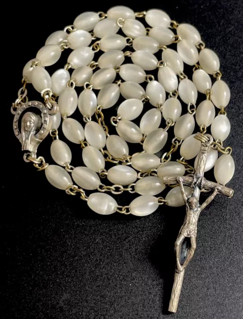 Vintage Catholic White Moon Glow  Bead 5 Decade Rosary, Crucifix Italy